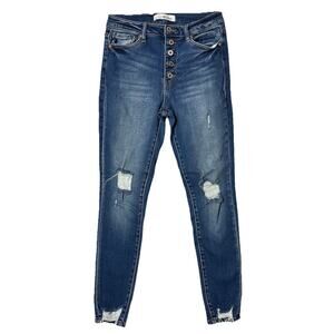Kancan Jeans Womens 9/28 Blue Button Fly Raw Hem Stretch High Rise Dark Wash